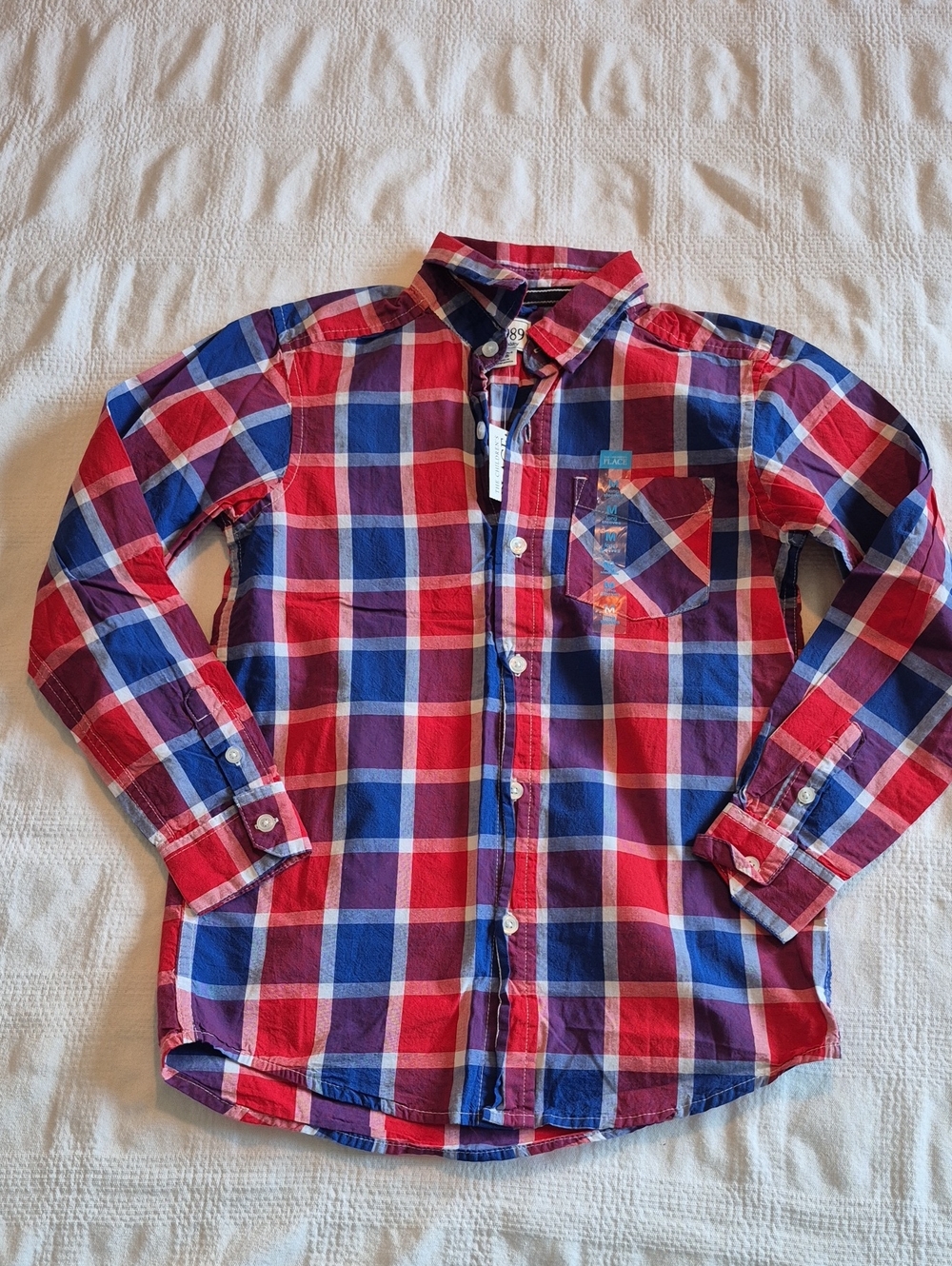 Children's Place boys 7/8 or Medium red, blue, white plaid button up shirt NEW
